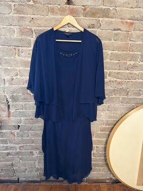 SL Fashions Navy Beaded Evening Dress with Matching Jacket